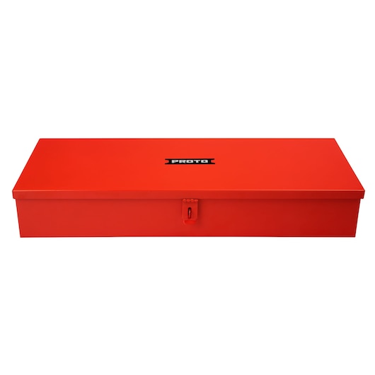 PROTO J5696R red steel toolbox front view with latch and PROTO logo on lid.