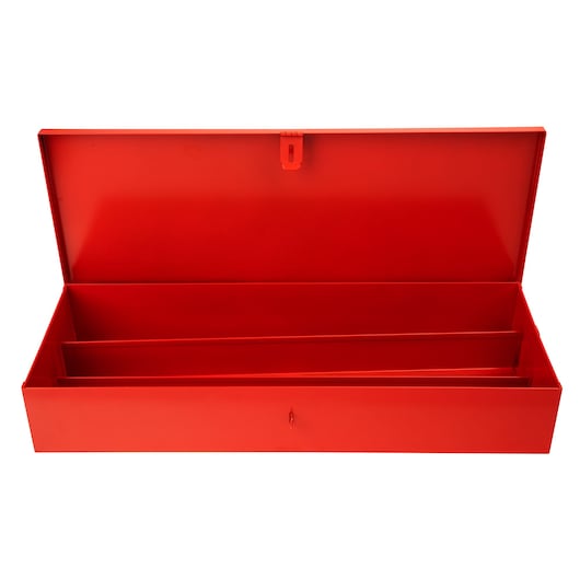 PROTO J5696R red metal tool box with open lid and divided tray, front angle on white background.