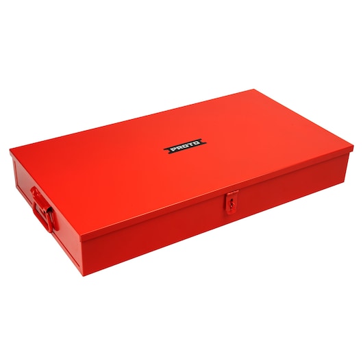 PROTO J5697R red metal tool box with latch and side handle, photography on white background.