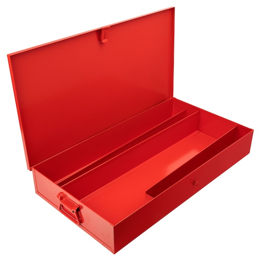 Photo of PROTO J5697R red metal tool box with open lid and interior compartments, angled on white background.