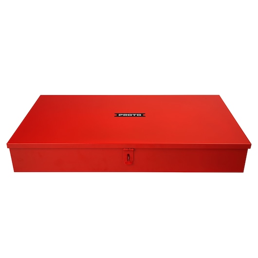 PROTO J5697R red steel lockable tool box, closed, front angle on white background.