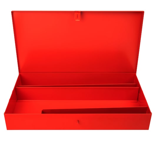 PROTO J5697R red metal tool box with open lid, photographed from the front on white background.