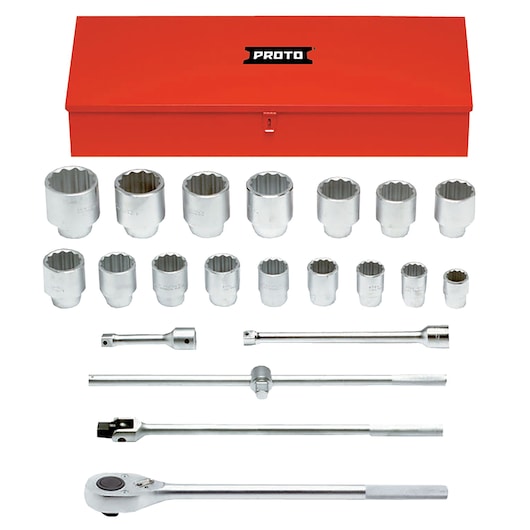 PROTO J57102 socket set with ratchet, multiple sockets, extension bars, and red metal storage box, front angle.