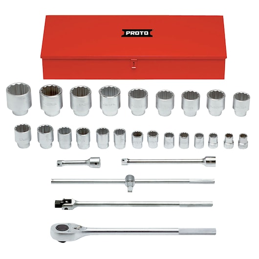 PROTO J57104 socket wrench set with multiple silver sockets, extensions, and a red metal case, front view on white background.