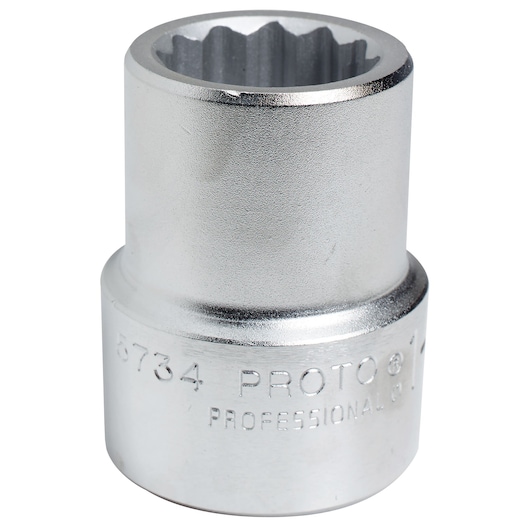Photo of PROTO J5734 chrome socket, 12-point, front angle, on white background.
