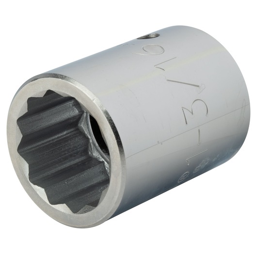 PROTO J5738 chrome finish socket, close-up angled view, shows 12-point interior and engraved size markings.