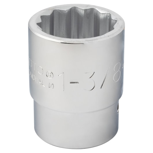 PROTO J5744 chrome finish socket with 12-point design, size 1-3/8 inch, photographed on white background.