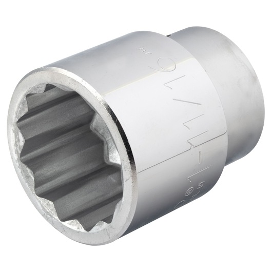 PROTO J5754 chrome socket tool, 12-point, cylindrical, close-up angle on white background.