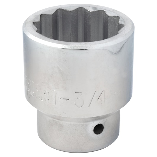 Photo of PROTO J5756 large chrome socket, 12-point design, angled view on white background.