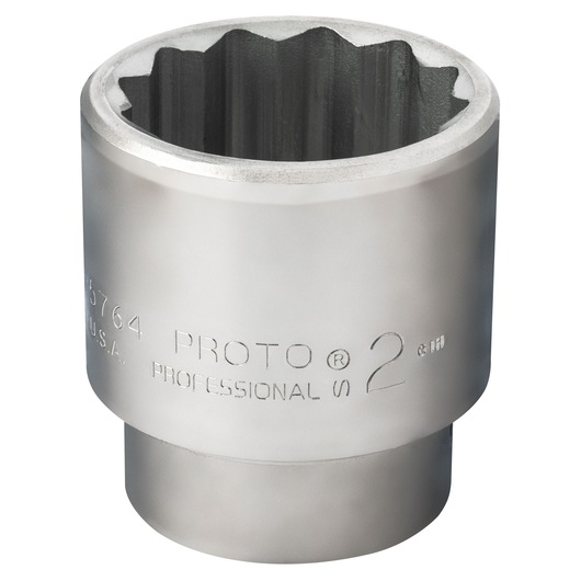 Photo of a PROTO J5764 chrome socket, 12-point, engraved size marking, shown from an angled white background view.