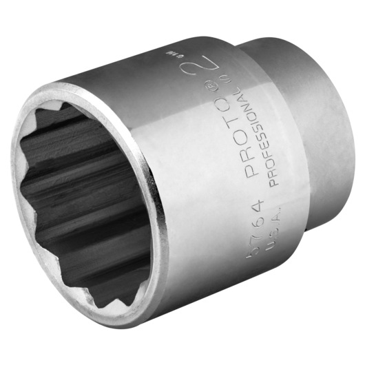 Photo of PROTO J5764 chrome socket, 12-point design, angled view on white background, tool accessory.