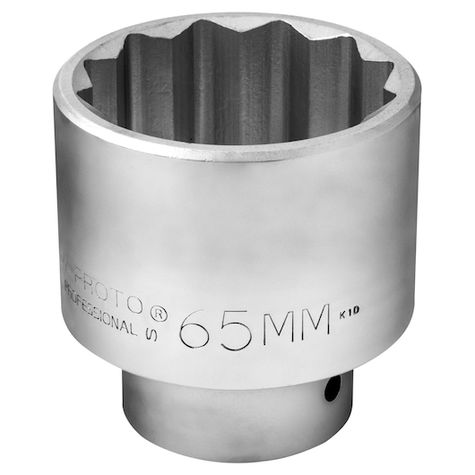 Photo of PROTO socket J5765MT, 65MM, chrome finish, viewed at an angle on a white background.