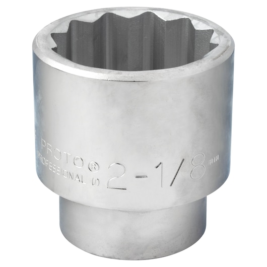 PROTO J5768 chrome finish socket, 12-point, 2-1/8 inch size, photography on white background.