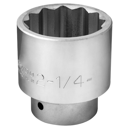 PROTO J5772 chrome 12-point socket, 2-1/4 inch, close-up angled on white background.
