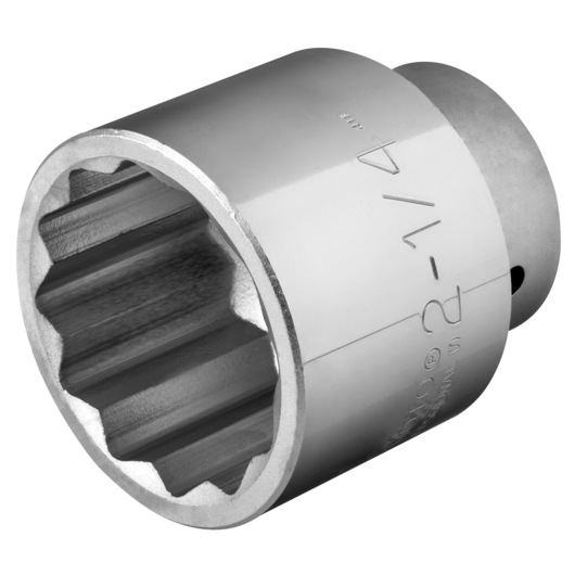 PROTO J5772 chrome socket, 12-point, 2-1/4 inch size, close-up on white background, showing engraved markings.