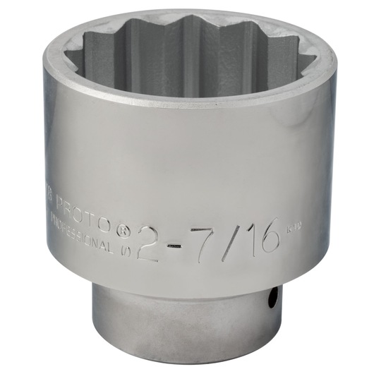 PROTO J5778 large chrome socket, 12-point design, side angle on white background, engraved size 2-7/16.