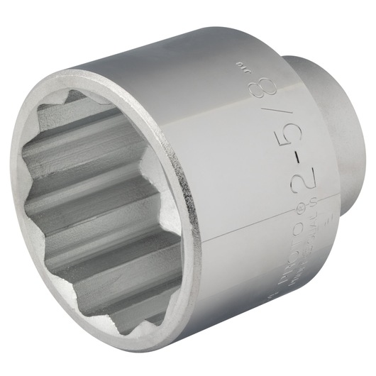 PROTO J5784 chrome finish large 12-point socket, angled view on white background, engraved size marking visible.