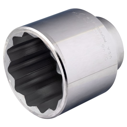 PROTO J5796 chrome-finish 12-point socket, closeup angle, showing interior grooves and exterior markings.