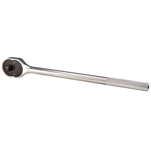 PROTO J5849 long handle ratchet with knurled grip, silver finish, side angle on white background.