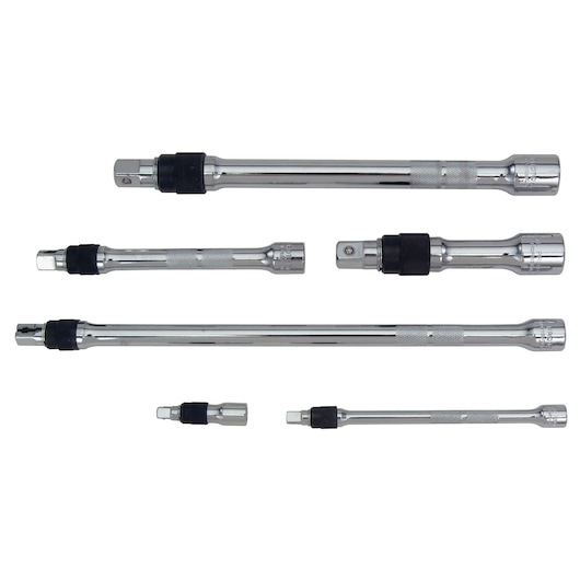 PROTO J6000-6L chrome extension bar set with black rings, six pieces, top-down view on white background.