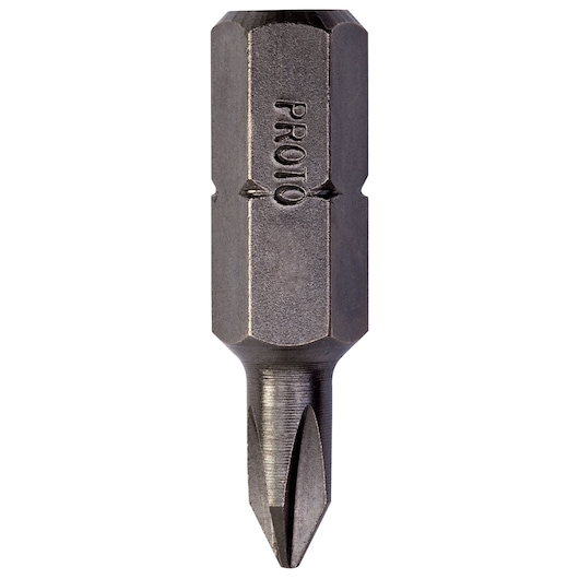 PROTO J60050 screwdriver bit, steel, hex shank, Phillips tip, close-up on white background.