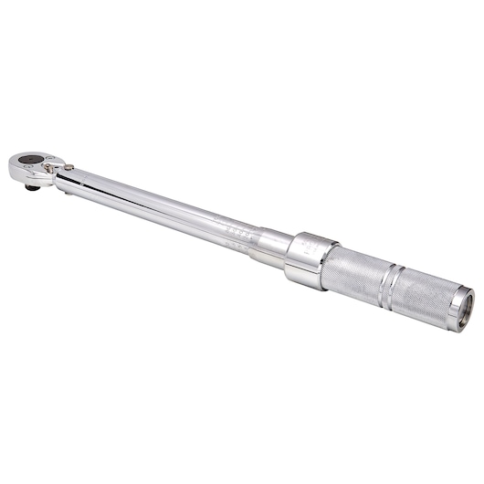 PROTO J6006CXCERT torque wrench, silver metal, knurled handle, left-side angle on white background.