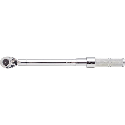 PROTO J6006C chrome torque wrench with knurled handle, photography of tool on white background, side view.