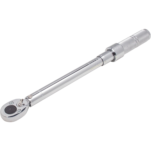 Photo of PROTO J6006C torque wrench, chrome finish, knurled handle, angled on white background.