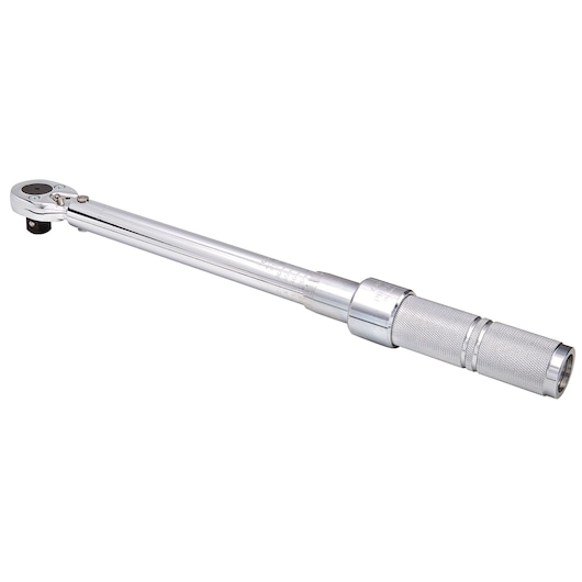 PROTO J6008CXCERT chrome torque wrench with knurled handle, side angle, on white background.