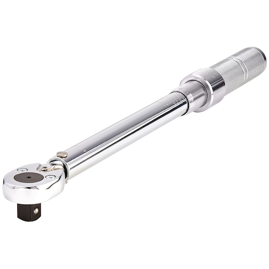 PROTO J6008CXCERT chrome torque wrench with knurled handle, side angle on white background.
