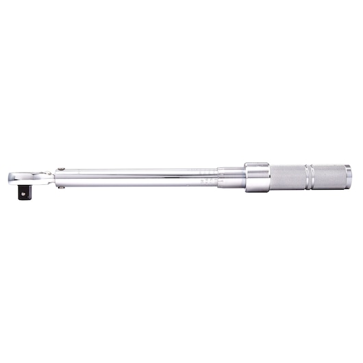 PROTO J6008CXCERT chrome torque wrench side view on white background, knurled handle and visible scale markings.