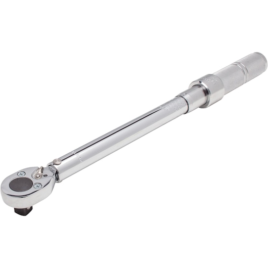 PROTO J6008C torque wrench with knurled handle, chrome finish, side angle on white background.