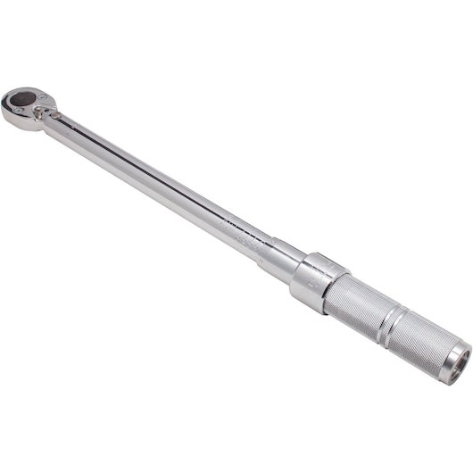 PROTO J6012C torque wrench with knurled handle, chrome finish, angled on white background.