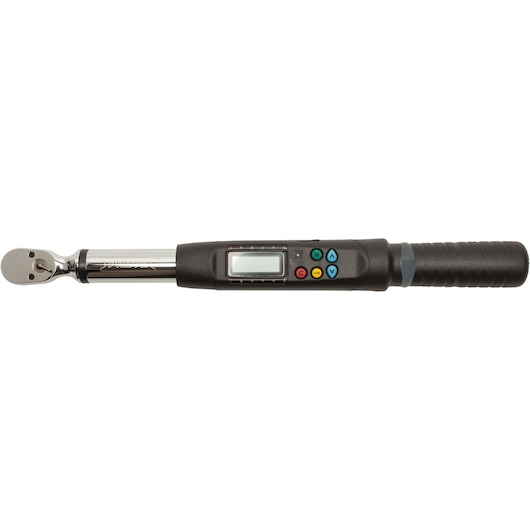 PROTO J6012E electronic torque wrench with black handle, LCD screen, and colored control buttons, side view, white background.