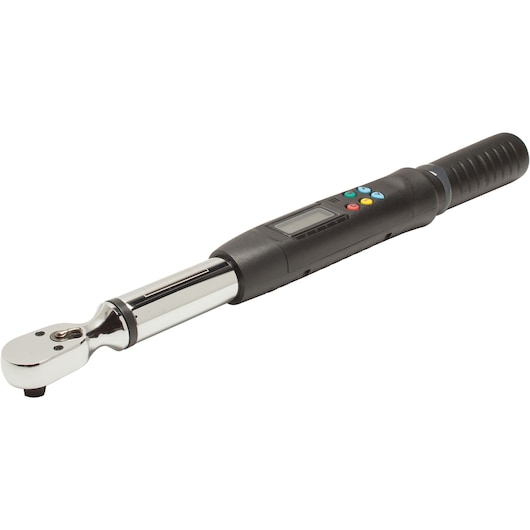 PROTO J6012E digital torque wrench with black handle, display screen, and colored buttons, side angle on white background.