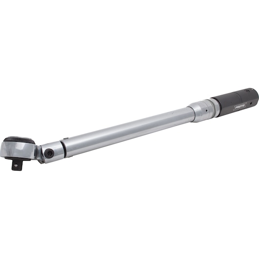 PROTO J6012FC torque wrench with a long silver handle and black grip, side angle on white background.