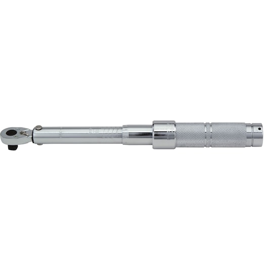 PROTO J6014C torque wrench, chrome finish, knurled handle, side profile on white background.