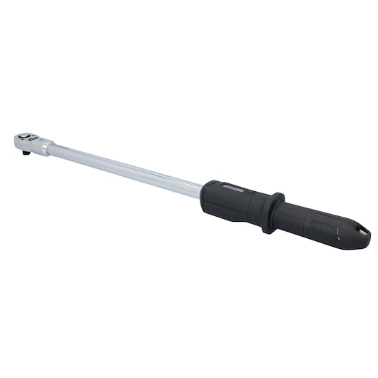 PROTO J6014D digital torque wrench with black grip handle, long chrome shaft, angled on white background.