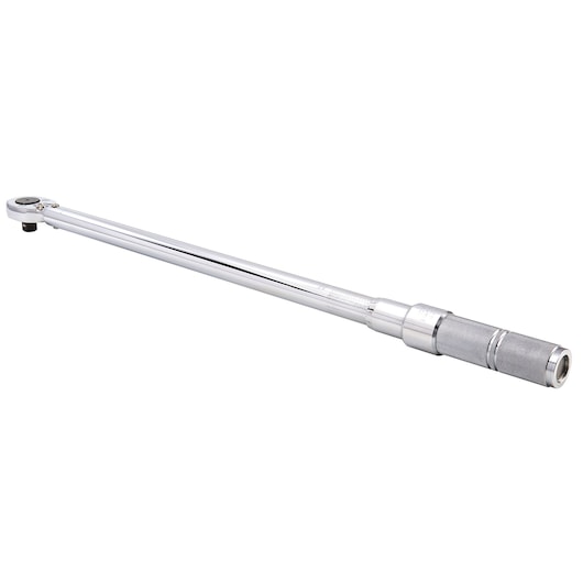 PROTO J6014NMC torque wrench with chrome finish, long handle, and knurled grip, side angle on white background.
