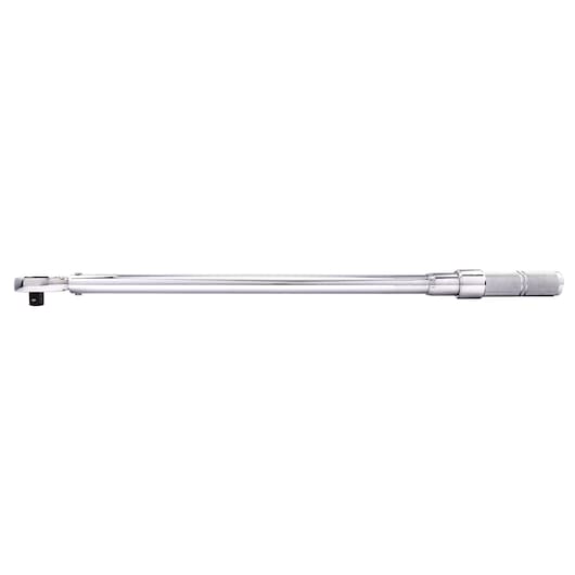 Photo of PROTO J6014NMC chrome torque wrench, long handle, side view on white background.