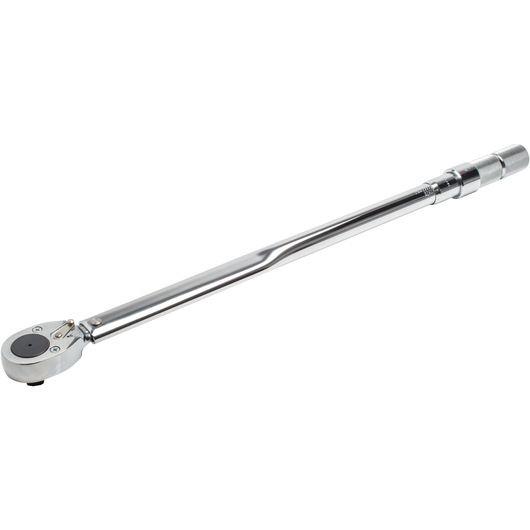 PROTO J6018AB chrome torque wrench side angle on white background, long metal handle and ratcheting head