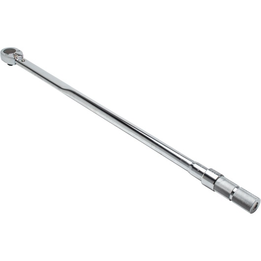 PROTO chrome torque wrench J6020AB, side angle on white background, knurled handle and ratchet head.