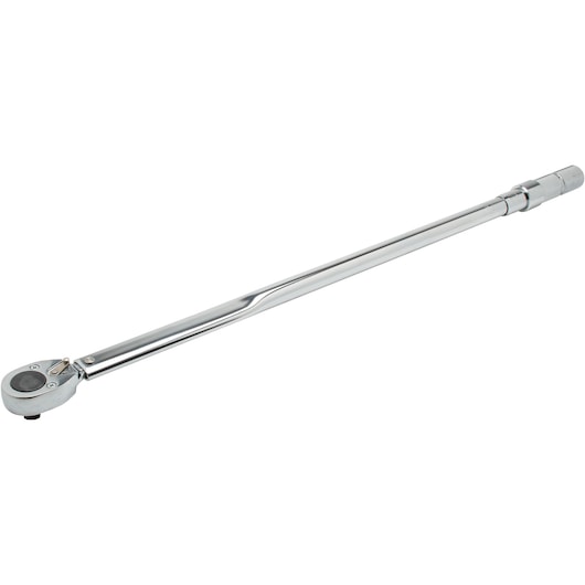 PROTO J6020NM chrome torque wrench side view, long handle, ratchet head, white background.