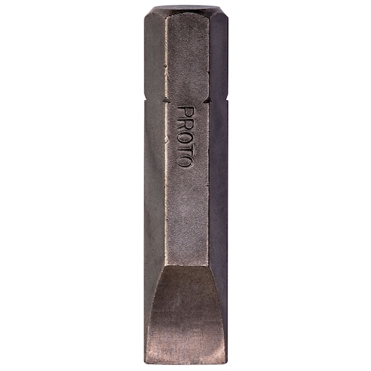 PROTO J60262 hex shank flat screwdriver bit photographed on white background, engraved logo visible.