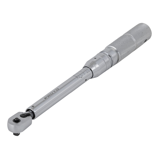 PROTO J6060B torque wrench, silver metal, knurled handle, shown at an angle on white background.