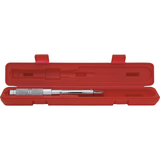 PROTO J6061CXCERT torque wrench in a red plastic case, product photography, top view on white background.