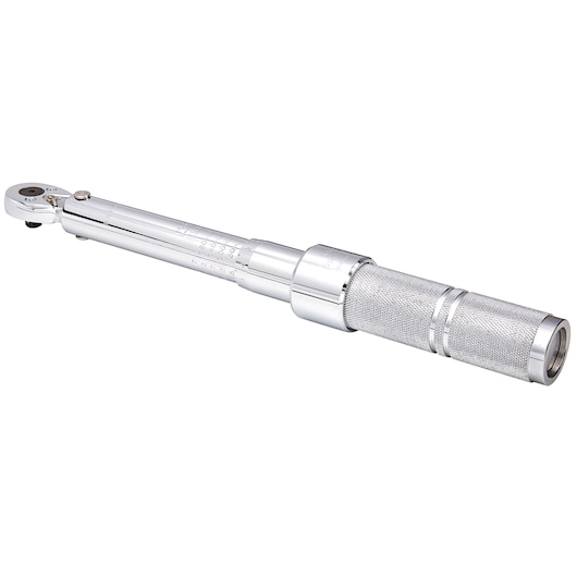 PROTO J6062CXCERT chrome torque wrench, side angle, knurled handle with measurement markings, white background.