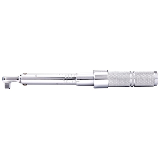 Photo of PROTO J6063C torque wrench, chrome finish, textured handle, side view on white background.