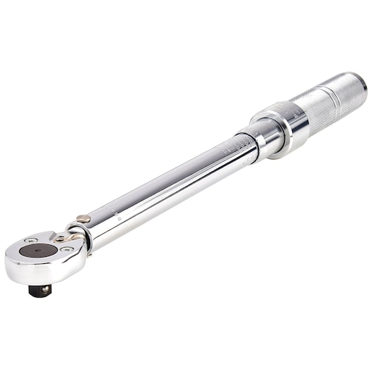 PROTO J6066CXCERT chrome torque wrench side angle, knurled handle and clear adjustment markings, white background.