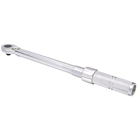 Photo of PROTO J6066C torque wrench, chrome finish, knurled handle, side angle on white background.